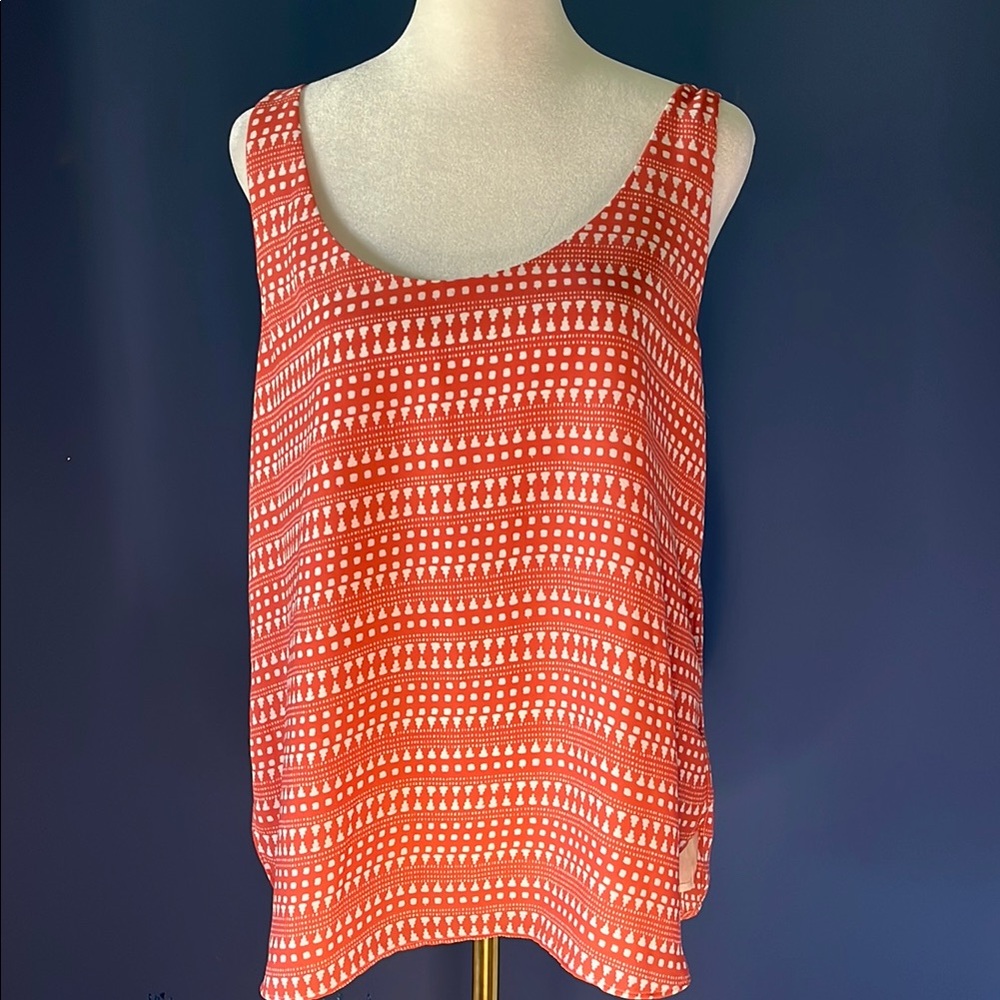 Loft tank top, women Med. Brick /cream mini print lined with sheer creamy white